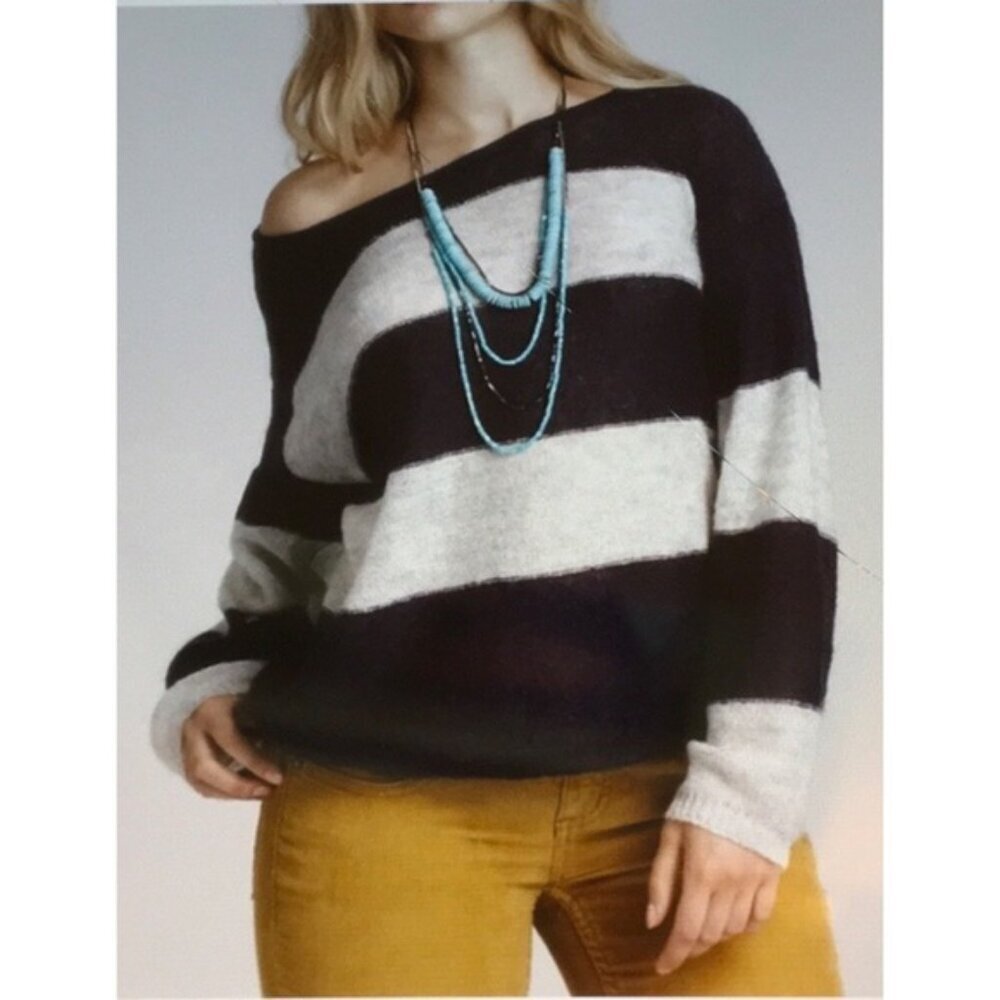 Free People Oversized Navy & Light Gray Striped Women's Mohair Blend Sweater XS